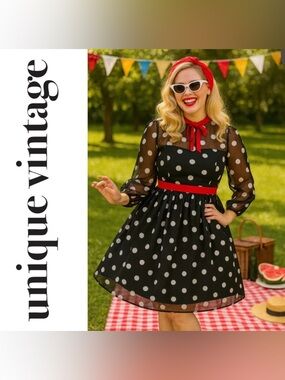 Unique Vintage Black & White Polka Dot Flocked Tulle 60s Dress, 1x, NWT!